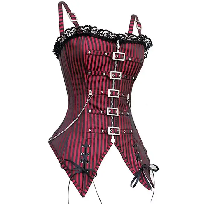 Sexy čipka korzet kamizola pre ženy, nízky strih, zips, punk rock štýl, cosplay, gotické oblečenie, vyčnievajúce telo, chudnutie, červené pruhované top