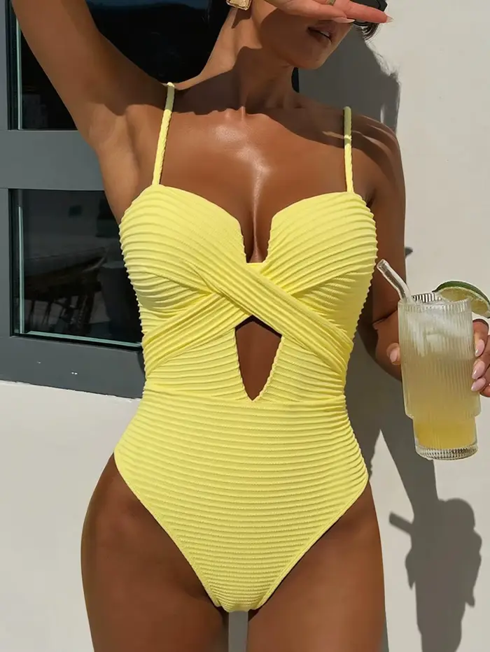DEAK Sexy jaune évidé une pièce maillot de bain pour femmes maillot de bain croisé femme cordon body
