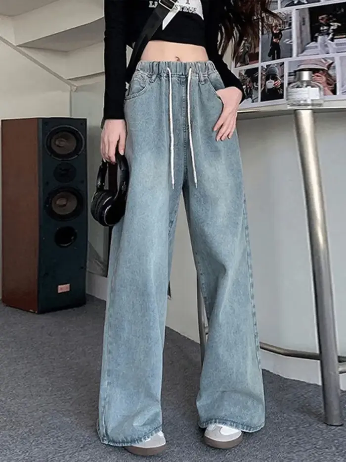 Botvotee vysoký pás široký strih džínsy pre ženy voľné rovné modré dlhé Denim nohavice