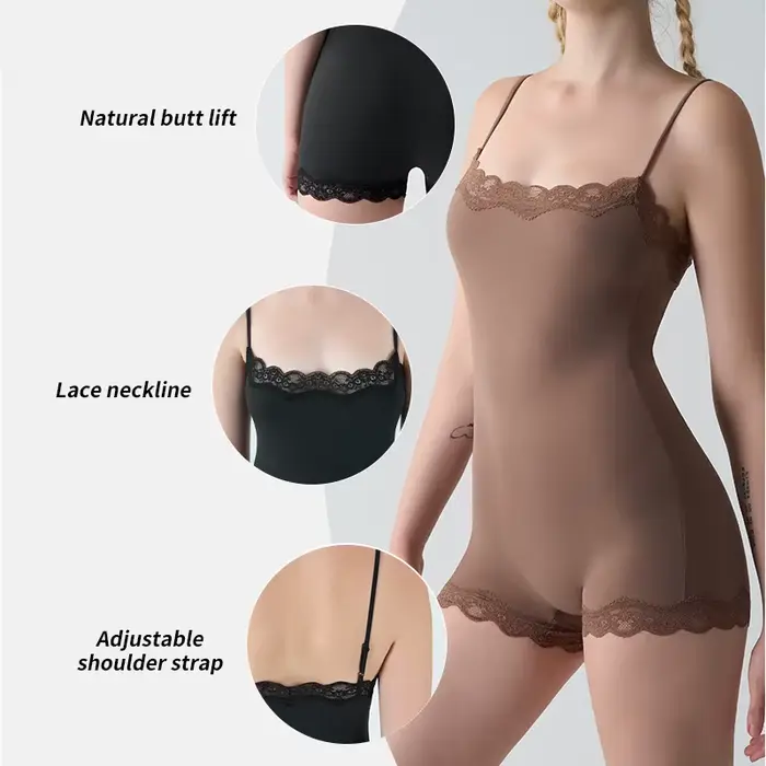 Sexy čipka body pre ženy, námestie krku, jemné nastaviteľné popruhy, tesný fit, jednofarebné, vnútorné vesty, 2-vrstvové modelovanie oblečenie