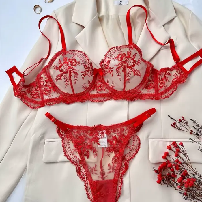 Čipka vyšívané spodná bielizeň Set, priehľadné tylové spodné prádlo, nastaviteľné popruhy, kvetinové Fancy, štúdio zakrivené dámske Boudoir