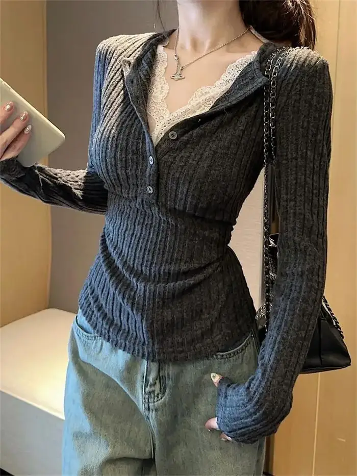 Haut en dentelle Patchwork pour femmes, T-Shirt à manches longues, chemise de Base, mode Vintage, fa