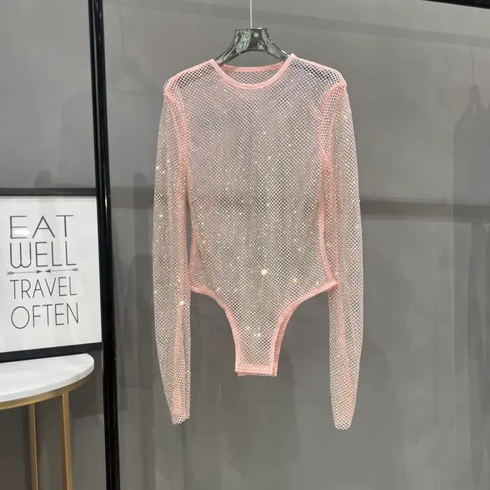 Combinaison en résille à paillettes brillantes, Sexy, transparente, à la mode, pour dames, boîte de nuit, fête, Fiber de Polyester, manches longues, haute élasticité