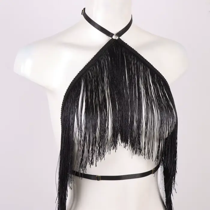 Haut licou à pampilles noires pour femmes, harnais élastique réglable, vêtements toutes saisons, hau