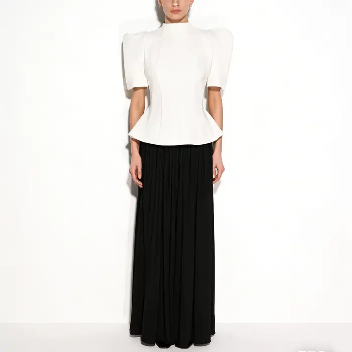 Haut Peplum Femme CiCi Col Montant Manches Courtes Bouffantes Silhouette Structurée Élégant Tenue de