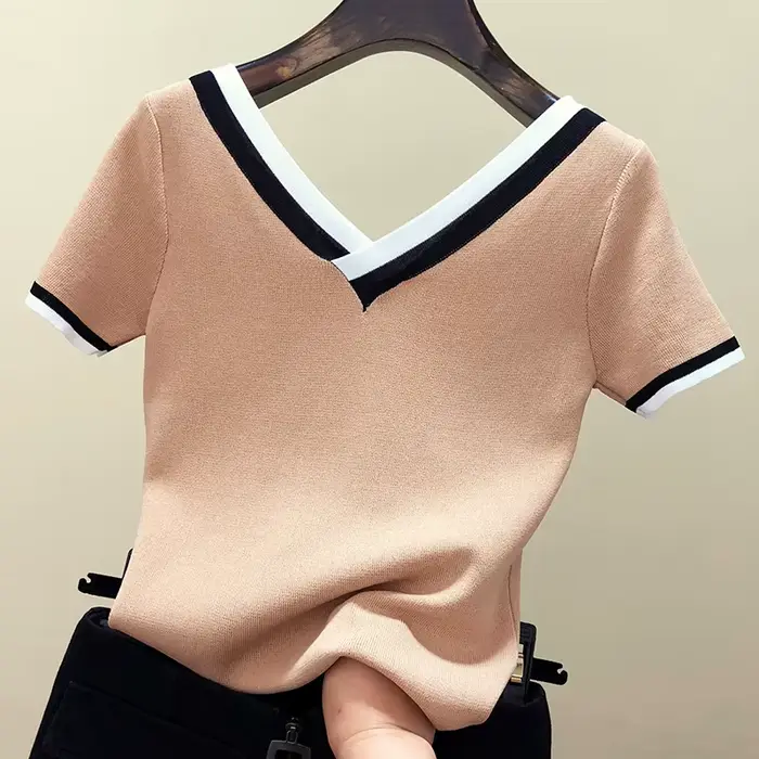 Pull rayé à manches courtes et col en V pour femmes, vêtements côtelés minces, mode estivale, 2024