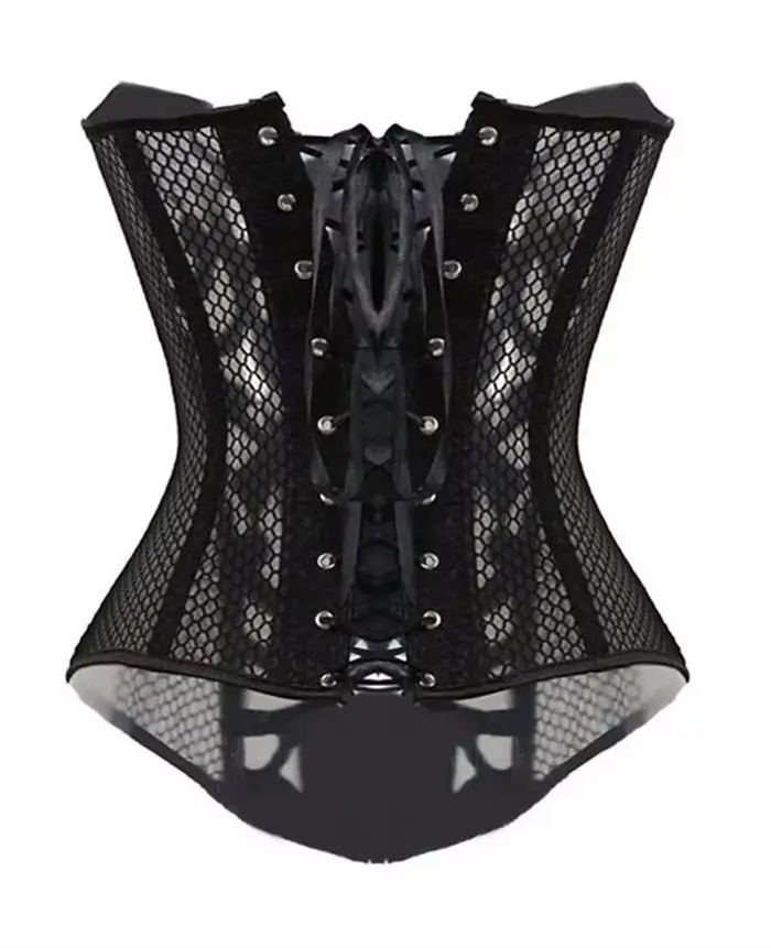 Corset Caudatus pre ženy, prelamovaný mesh top, burleskný štýl, čipka-up, gotický bez ramienok, overbust korzet, sexy obleky, čierno-biele spodná bielizeň
