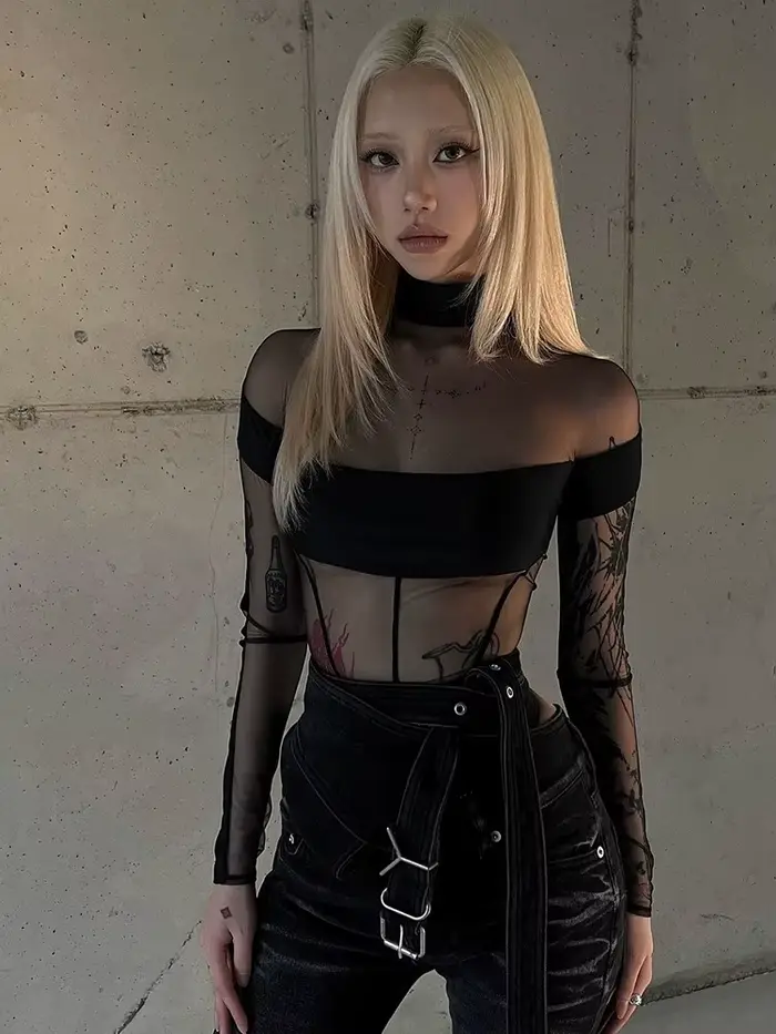 Dámske priehľadné s dlhým rukávom body, spodná bielizeň jeden kus oka spájať, sexy ženské telo, čierne topy, Y2k oblečenie, Rave oblečenie