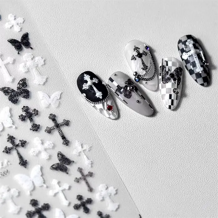 Femme Sexy noir blanc dentelle papillon croix 5D doux en relief Relief auto-adhésif Nail Art décorat