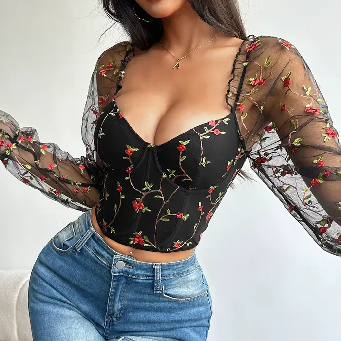 Dámske korzety s dlhým rukávom Fishbone, kvetinové vyšívané bustiers, univerzálny Top korzet, rez pokrytý, oka, sexy pikantné dievča, móda