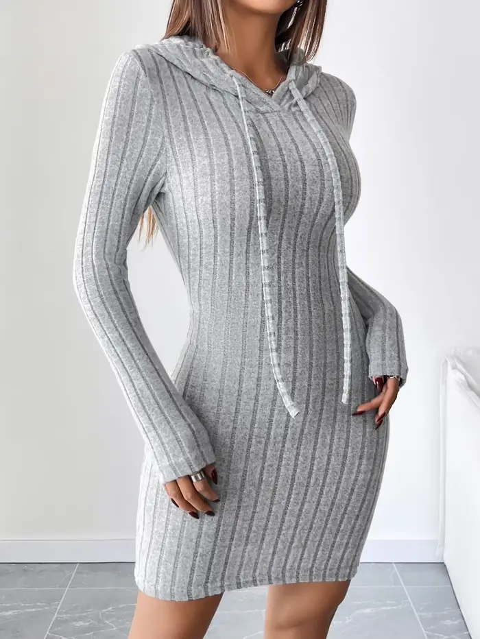 Robe ajustée à capuche tricotée côtelée à la mode avec cordon de serrage - Style décontracté confort