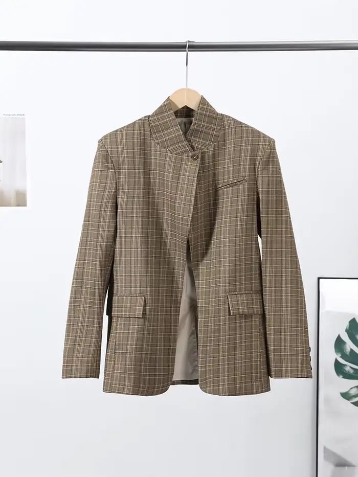 Blazer à carreaux pour femme, col montant, manches longues, bouton unique, poches, veste de bureau d
