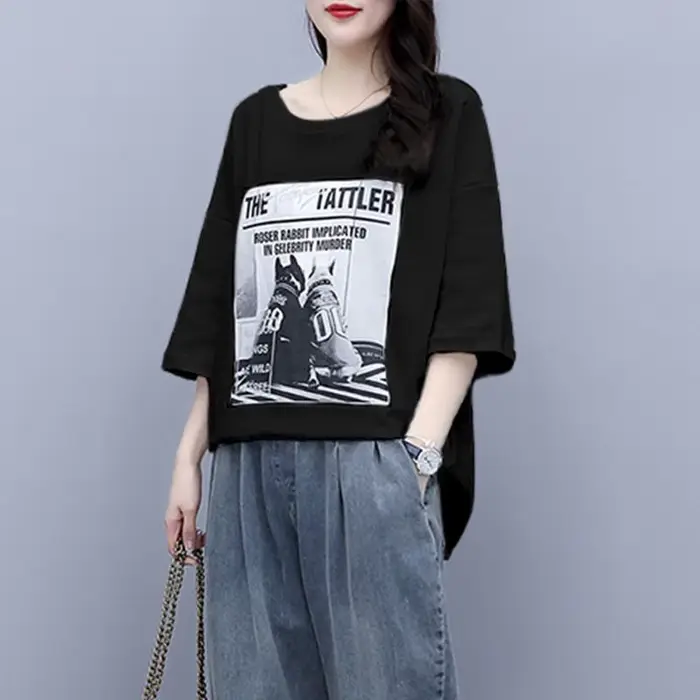 T-shirt imprimé coréen pour femme, tenue en jean femme, décontracté, trempé, nouveau, été, printemps