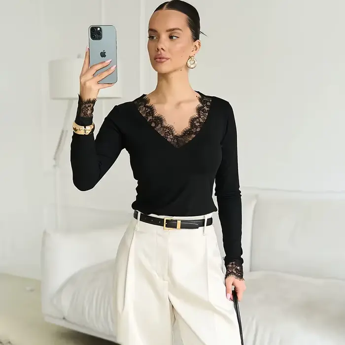 Tornova col en V dentelle t petit haut femmes Sexy nombril exposé pull mode épissure fille chaude Cl