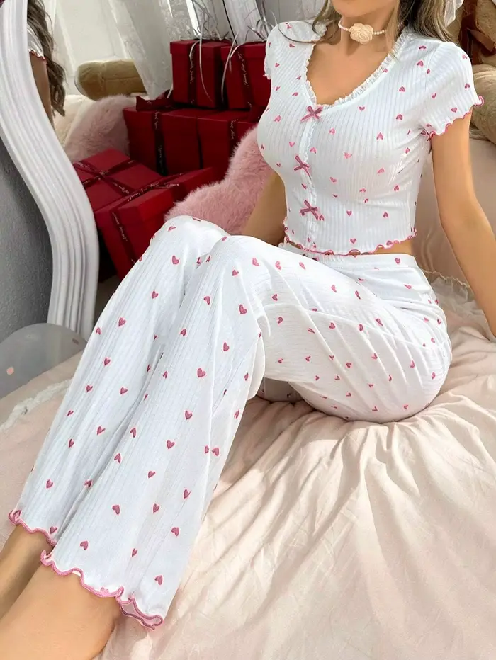 Ensemble de pyjama pour femmes à imprimé cœur, haut décontracté à manches courtes et col en V avec p