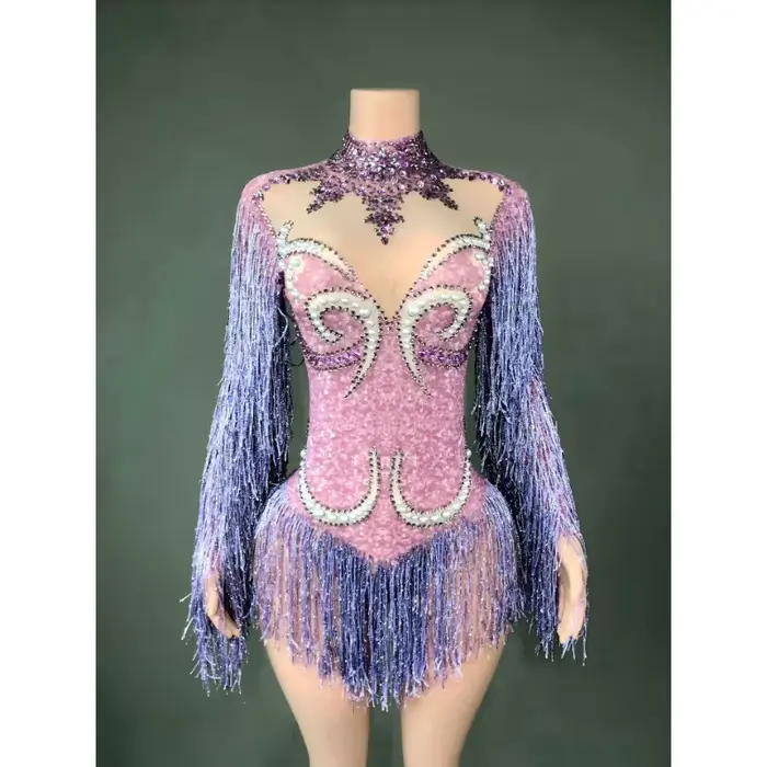 Tenue de spectacle féminine transparente grise avec franges strass argentés et perles pour danseurs et célébrations spéciales