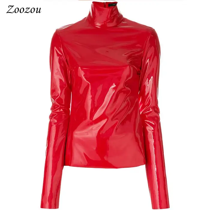 Pull à col roulé en similicuir verni pour femme, chemise à manches longues en Y, pull en PVC avec fe