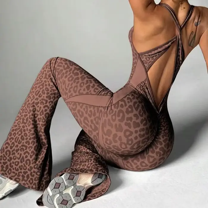 Nové body tlačené leopard ženy bezšvíkové rozšírené nohavice neoprény Sexy jeden kus Fitness oblek kríž späť úsek jóga neoprény
