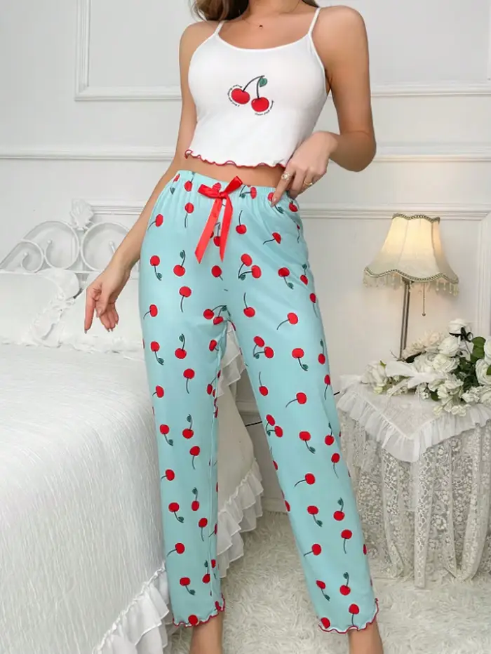 Y2K Coquette Cherry Tlač pyžamá Set Ženy Cami vysoké krátke nohavice dva kusy nočné oblečenie ležérne oblečenie Letné jarné jesenné oblečenie