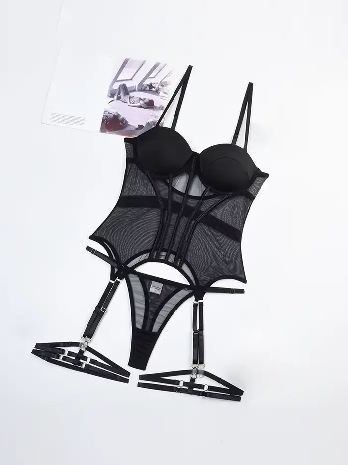 Belamimi Ensemble de lingerie de luxe 3 pièces pour femme, body dos nu avec jarretière, robes sexy, 