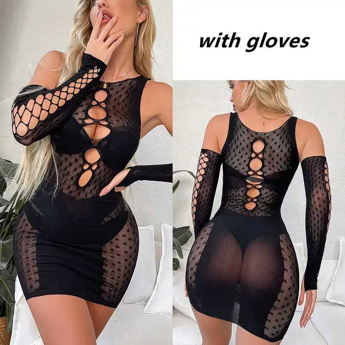 Chemise de nuit Sexy ajourée, Lingerie en dentelle, pyjama en résille, vêtements de plage, Mini robe