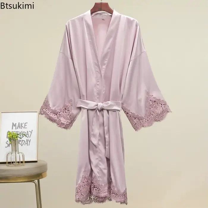 Dámske župany, pyžamo, jednofarebné, čipka, svadobné šaty, družičky, Kimono šaty, voľné, hodvábny satén, domáce oblečenie