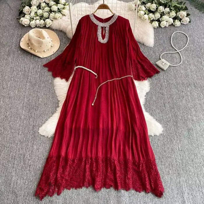 Robe Longue Plissée en Mousseline de Soie pour Femme, Luxueuse, Élégante, Perles de Clip, Ceinture, 