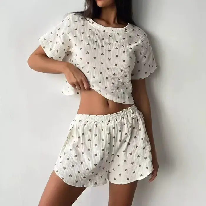 Nouveaux pyjamas décontractés pour femmes, imprimés cœurs, en coton doux et confortable, avec short 