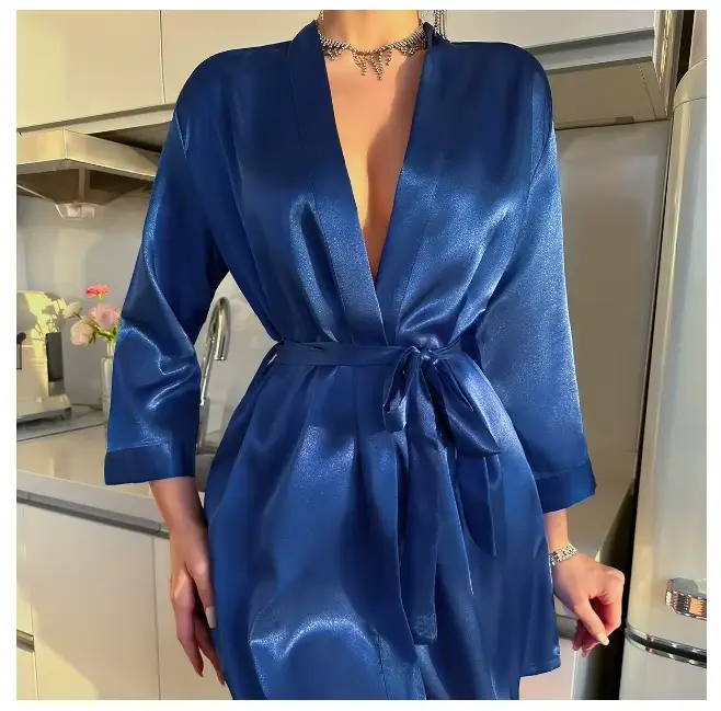Pevná saténová nočná košeľa, elegantné domáce šaty na rukáv Mid-dĺžka a V-Neck s opaskom, dámske oblečenie na spanie