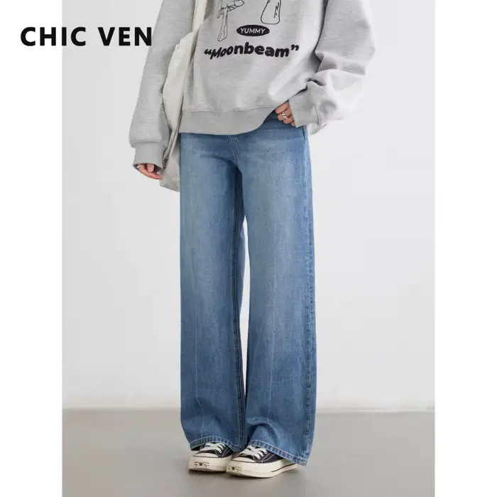 CHIC VEN dámske džínsy modré voľné ležérne pevné nové retro bavlna široké nohavice Denim