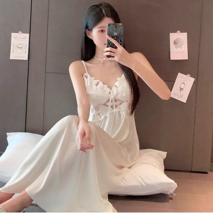 Dámske dlhé šaty Set, nočná košeľa Elegantný hodvábny satén, Nočné a vnútorné oblečenie, Sexy čipka spodná bielizeň, Relaxačný outfit