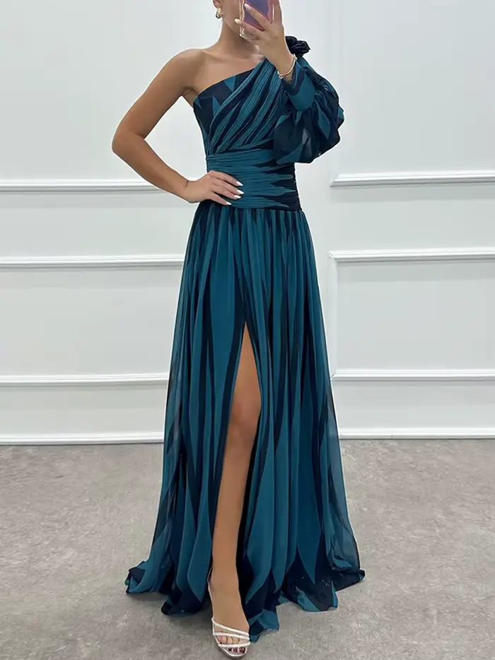 Robe maxi patchwork à manches longues lanterne, robe de soirée élégante pour femmes initiées une seu