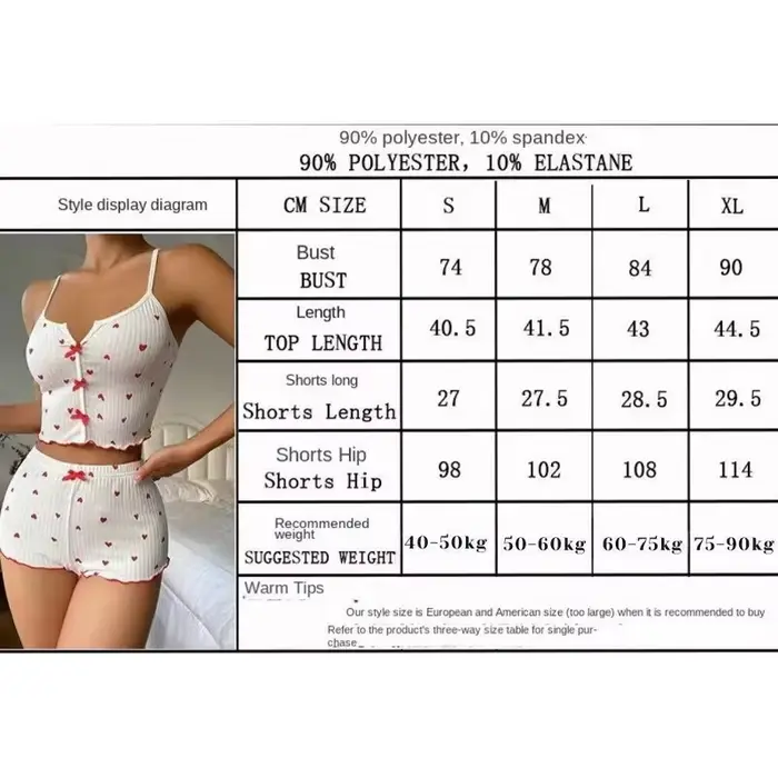 Dámske nočné oblečenie pyžamový set srdiečková potlač jemný rebrovaný materiál s glamour volánmi ležérny cami top a