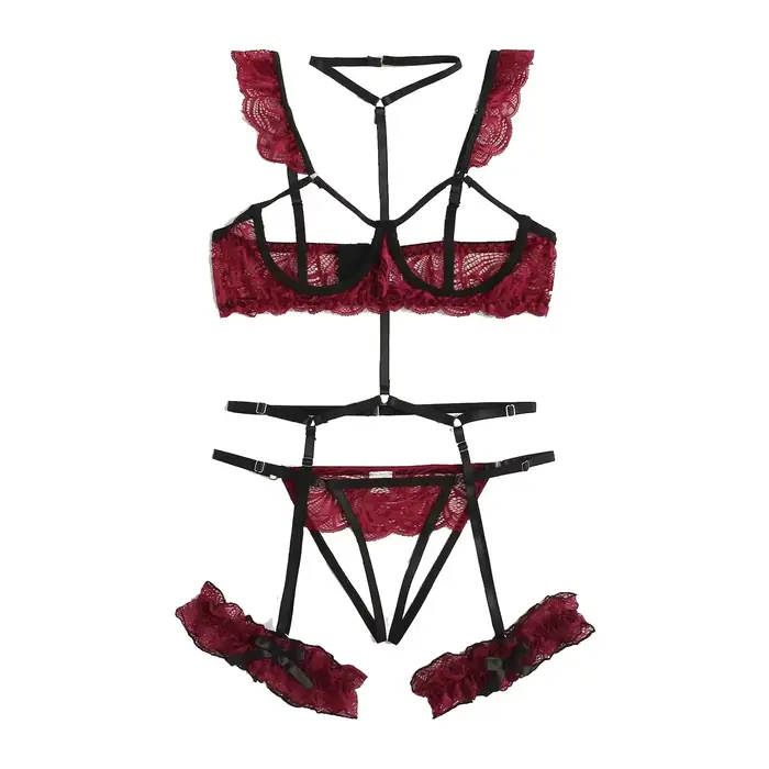 Ensemble de lingerie sexy en dentelle pour femmes, sous-vêtements, vêtements de nuit, anneau en acie