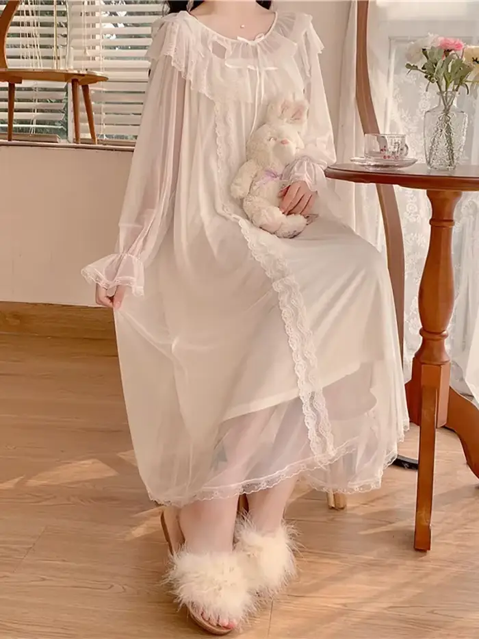 Vintage lietajúce ženy nočné košele Lolita pyžamo princezná biela čipka oka víla nočná košeľa viktoriánske nočné košele relaxačné oblečenie