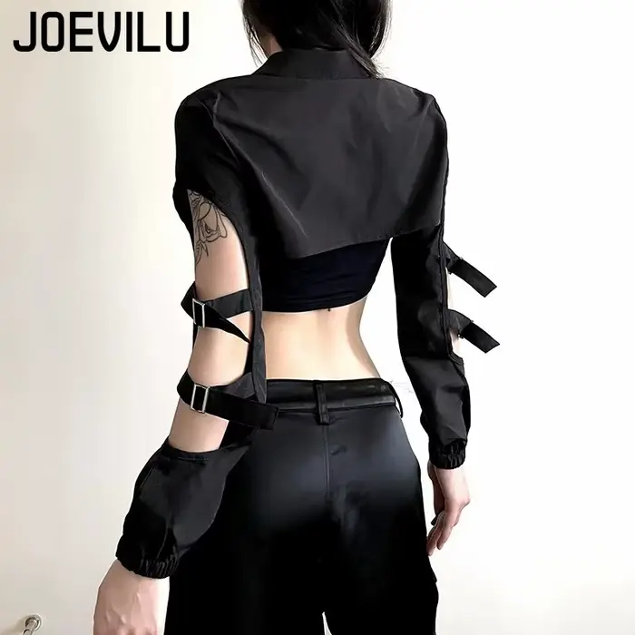 JOEVILU Dámske Cyberpunk Goth Harajuku Úroda Dlhé Rukávy Vystrihnuté Zips Tričko Y2K Grunge Streetwear