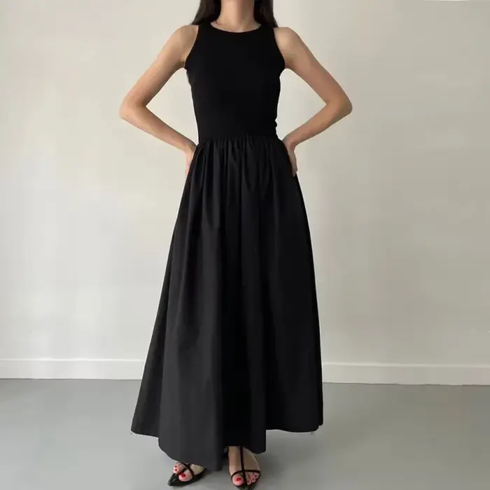 Robe longue noire Simple et élégante pour femmes, col rond, sans manches, taille haute, tempérament,