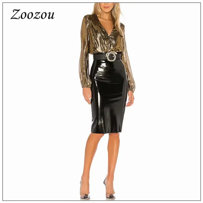 Jupe Midi en Latex et cuir verni PVC pour femmes, taille haute, crayon, élégante, fendue, longueur a