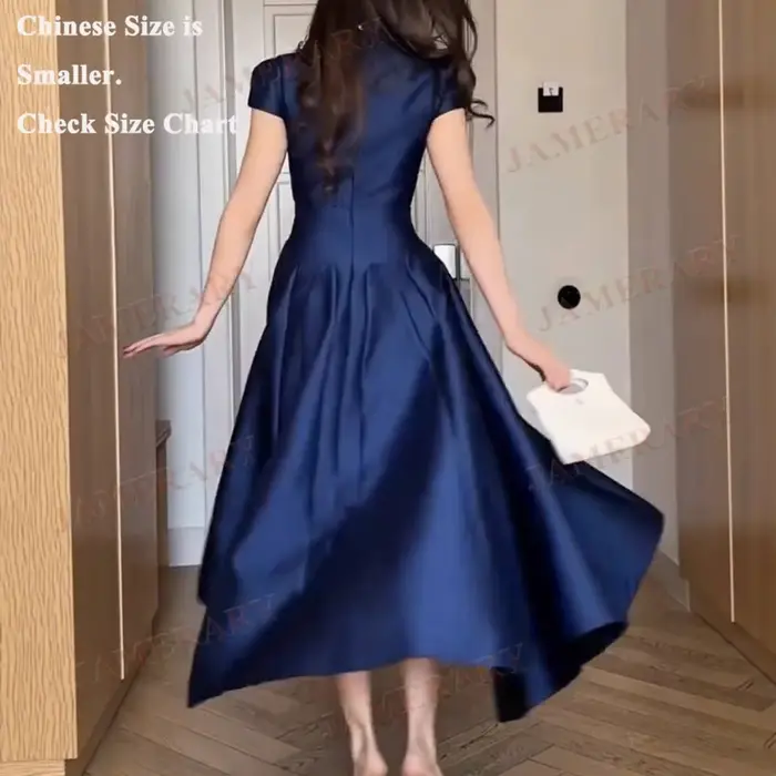 Hepburn Style élégant automne longue robe femmes col en v solide à manches courtes été Midi robes fo