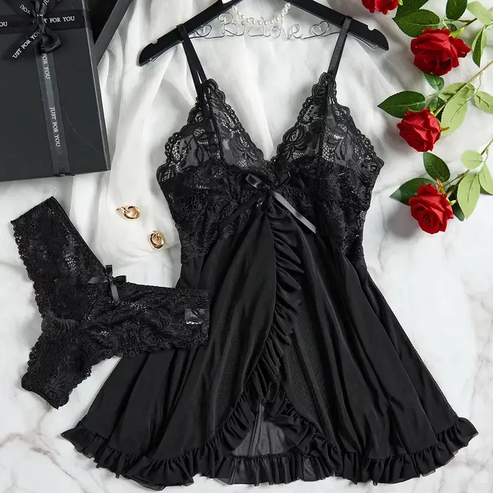 Bretelles en Tulle dentelle col en v vêtements de nuit sous-vêtements robe de nuit semi-transparente Lingerie pour femmes chemises de nuit