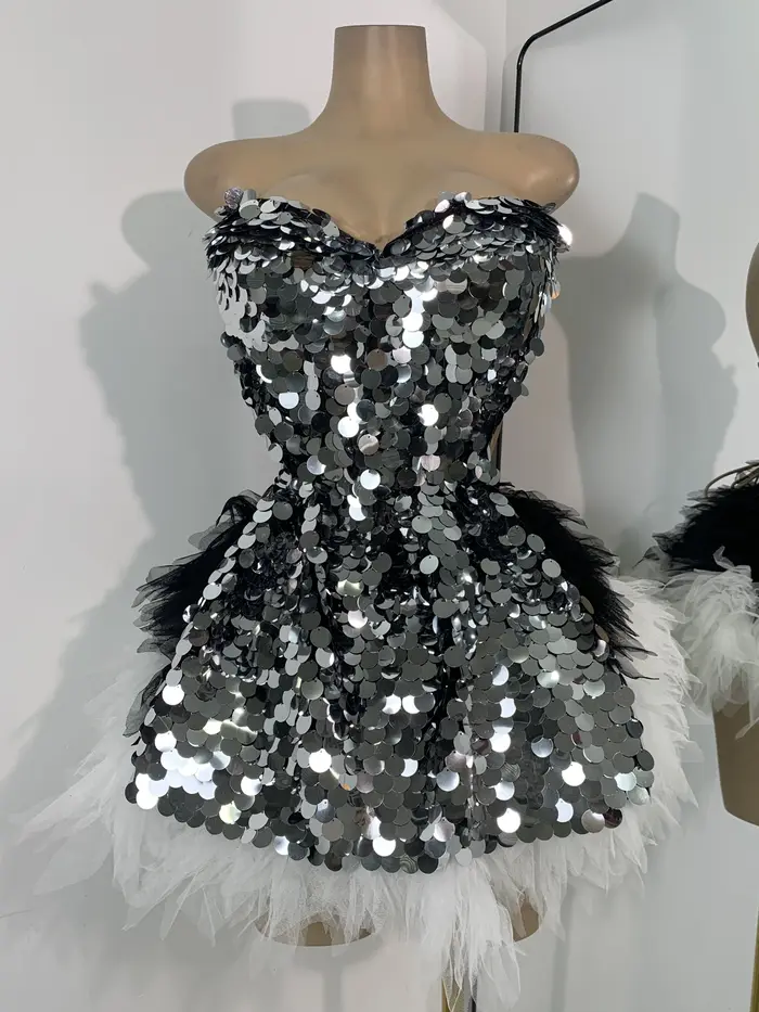 Costume deux pièces à volants et paillettes brillantes pour femmes, ensemble robe dos nu, Costume de