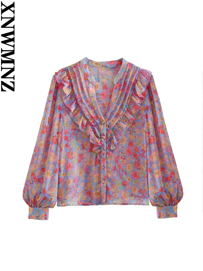 XNWMNZ-Chemise à Imprimé Floral pour Femme, Chemisier Chic à la Mode, Col en V, Manches sulf, Volant