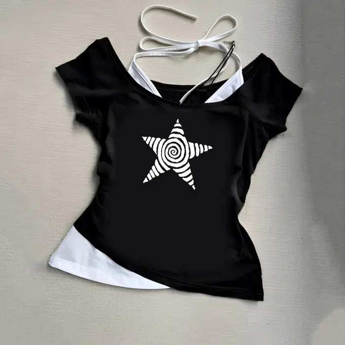 T-Shirt décontracté pour femmes, Harajuku 2025, Streetwear rétro Y2K, col licou imprimé, faux ensemb