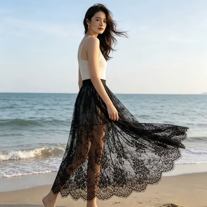Čipka Jacquard priehľadná sukňa pre ženy leto nová vysoký pás Sexy dlhé sukne ležérne Streetwear móda čierna
