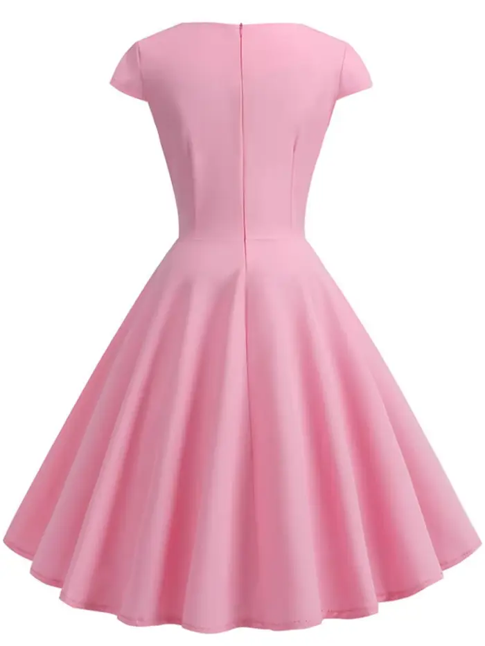 Robe d'été rose pour femmes, col en V, Vintage, élégante, rétro, pin up, fête, bureau, robes mi-long