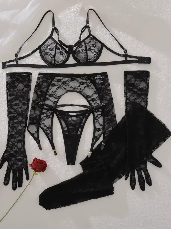 Belamimi čipkovaná sexy podprsenka s rukavicami a pančuchami