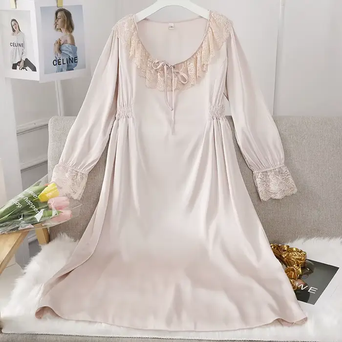 Štýlová fialová nočná košeľa, Vintage, Čipka Krk, Nočné oblečenie, Rayon, Satén, S dlhými rukávmi, Spodná bielizeň, Nočné oblečenie
