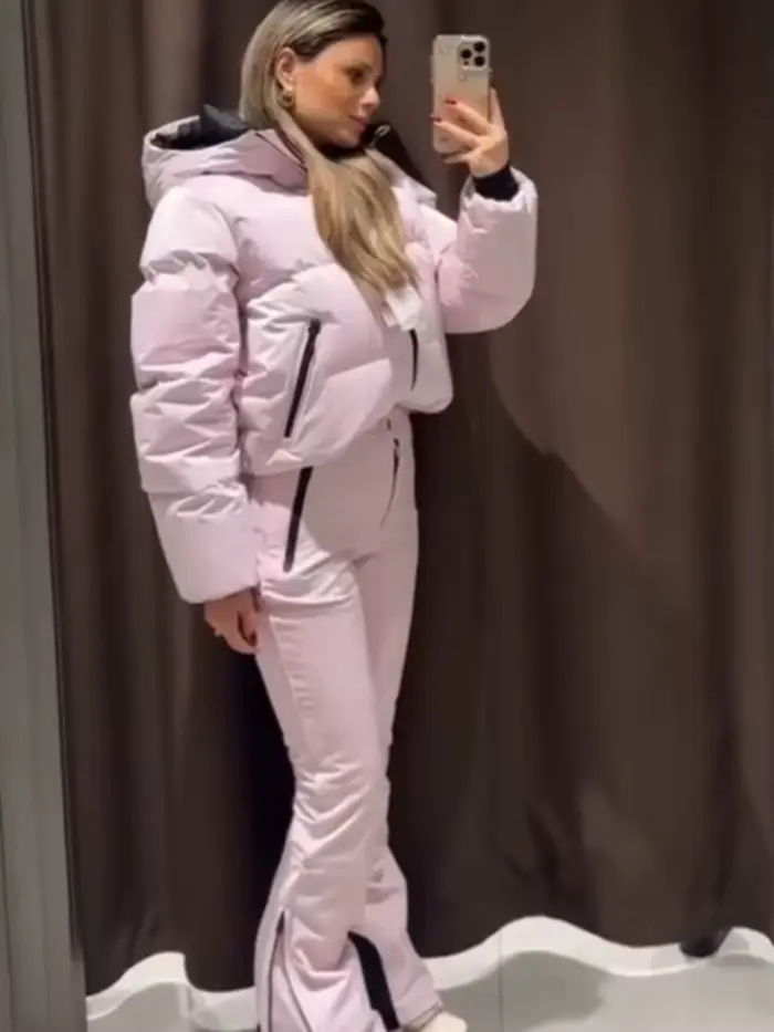 HH femmes mode poche fermeture éclair manches longues à capuche ski coton rembourré cordon veste + t
