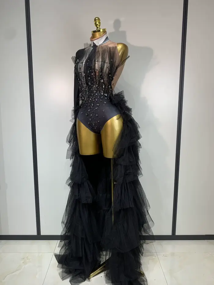 Body noir Kormanly pour femmes junior avec diamants imprimés, style sexy et club, pantalon crayon, haute élasticité, pour soirée, spectacle, photo shoot