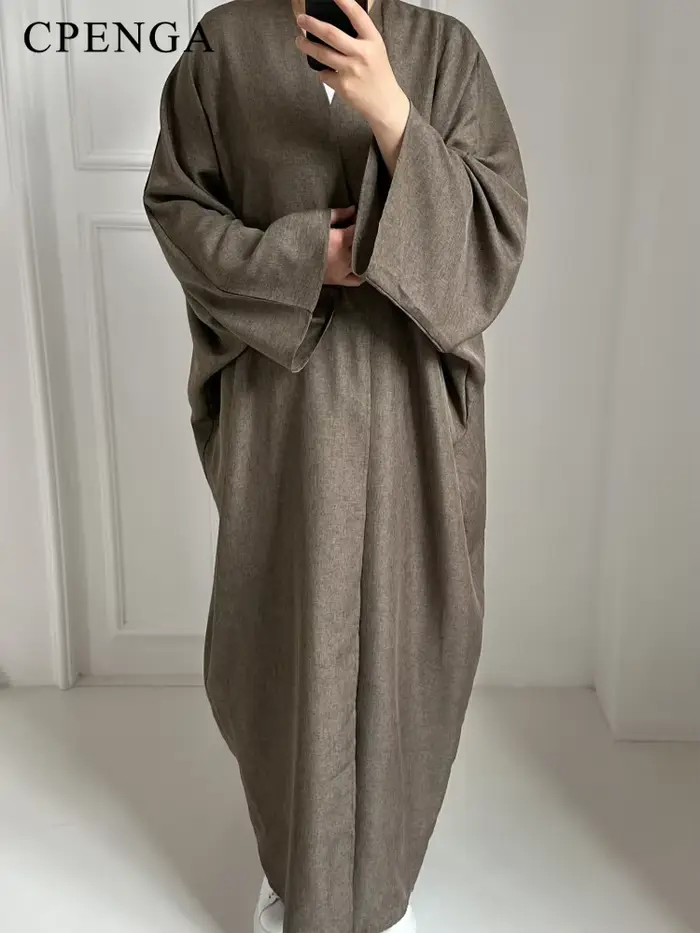 Eid Ramadán otvorená Abaya pre ženy hladká dubajská ležérna bavlna ľan skromná
